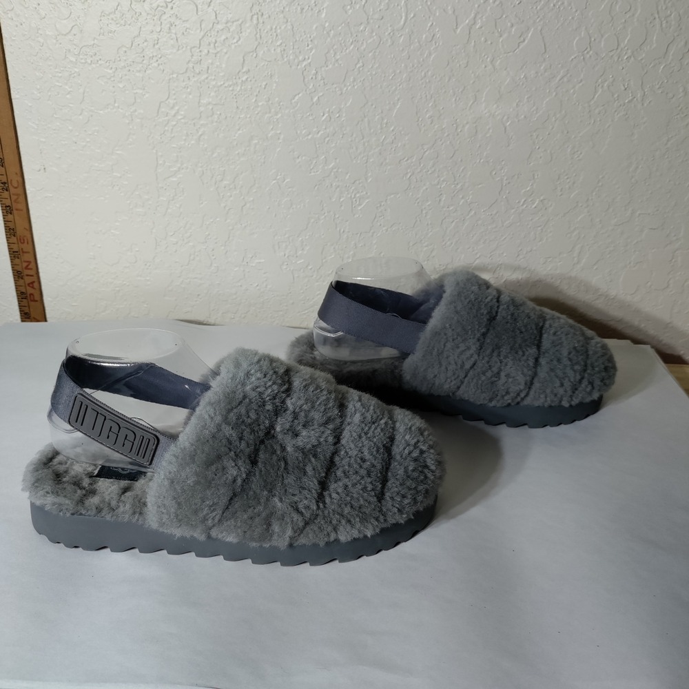UGG Super Fluff Slipper Grey Sheepskin Slingback Sandal Womens 9
